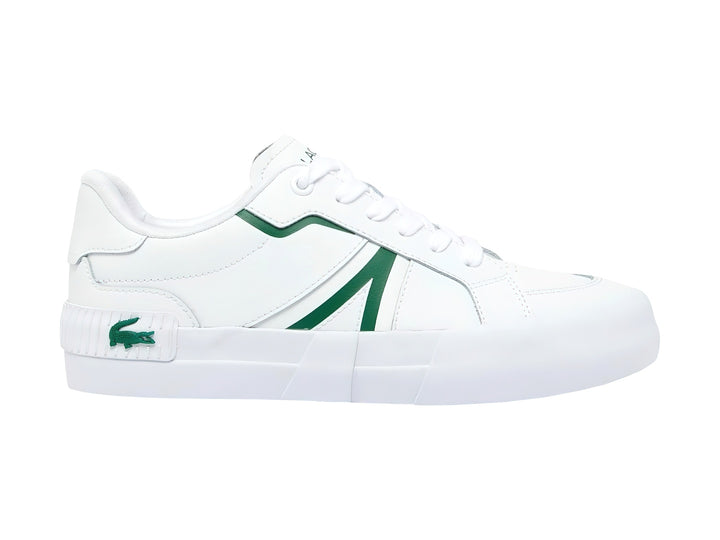 Tenis blancos de la marca Lacoste con franja y logotipo en color verde.