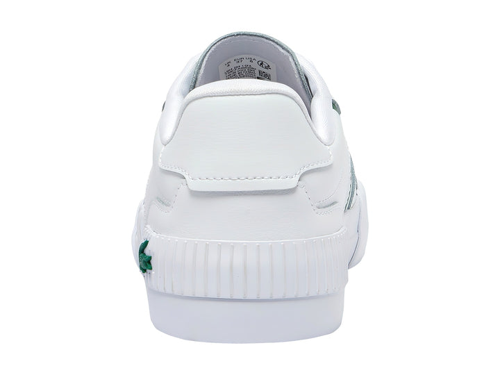 Tenis blancos de la marca Lacoste con franja y logotipo en color verde.
