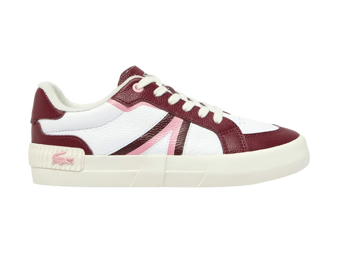 Tenis Lacoste en colores blanco y borgoña con un detalle en rosa y suela blanca.