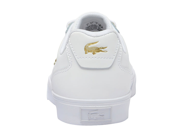 Tenis Lacoste Lerond Pro en color blanco con logotipo y detalles en dorado, fabricados en cuero.