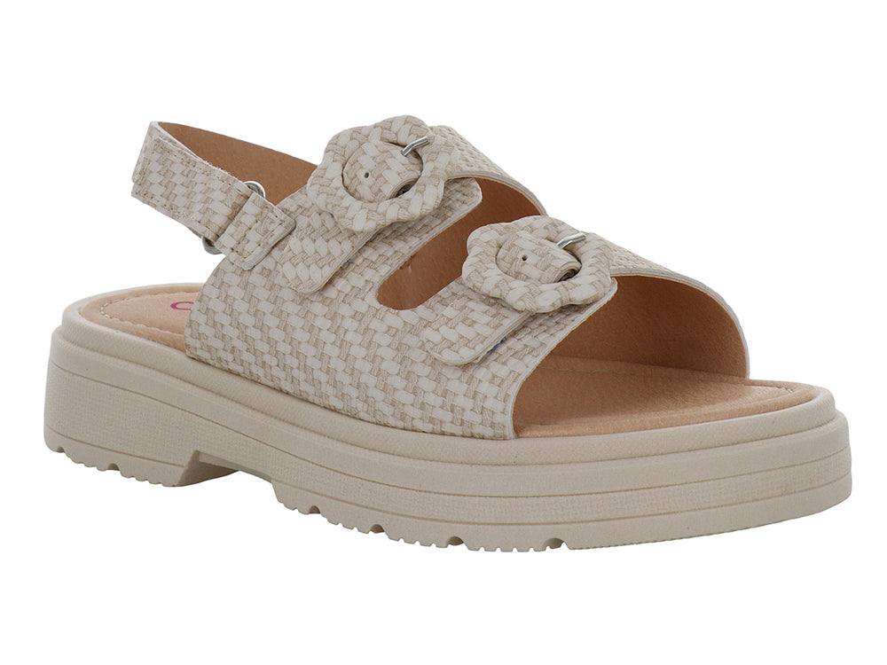 Sandalias Tropicana color beige con plataforma alta, textura tejida y dos hebillas decorativas.