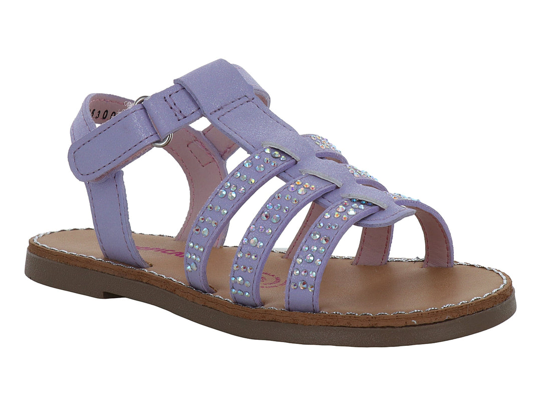 Sandalia color lavanda para niña con correas decoradas con brillantes y suela café.