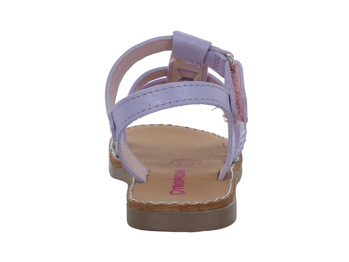 Sandalia color lavanda para niña con correas decoradas con brillantes y suela café.