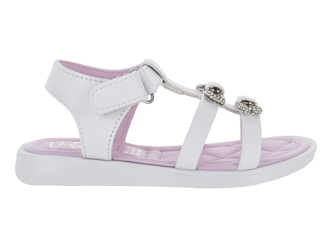 Sandalia blanca para niña con detalles brillantes y plantilla color lila.