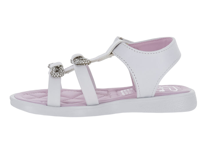 Sandalia blanca para niña con detalles brillantes y plantilla color lila.