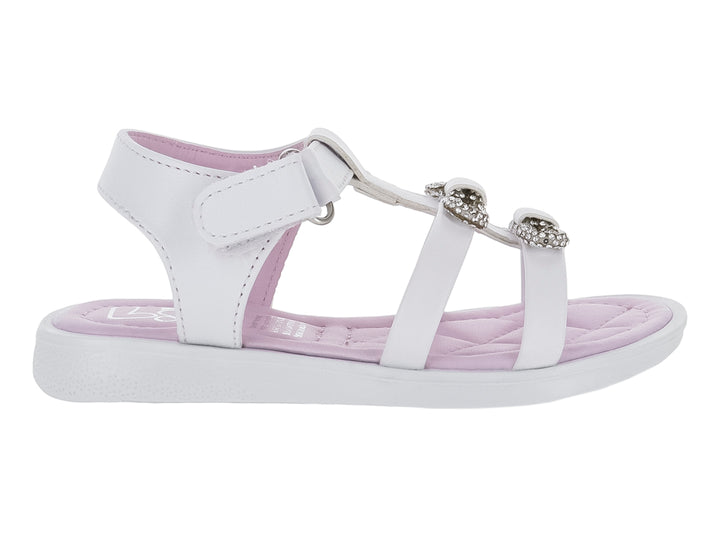 Sandalia blanca para niña con adornos brillantes y plantilla color lila.