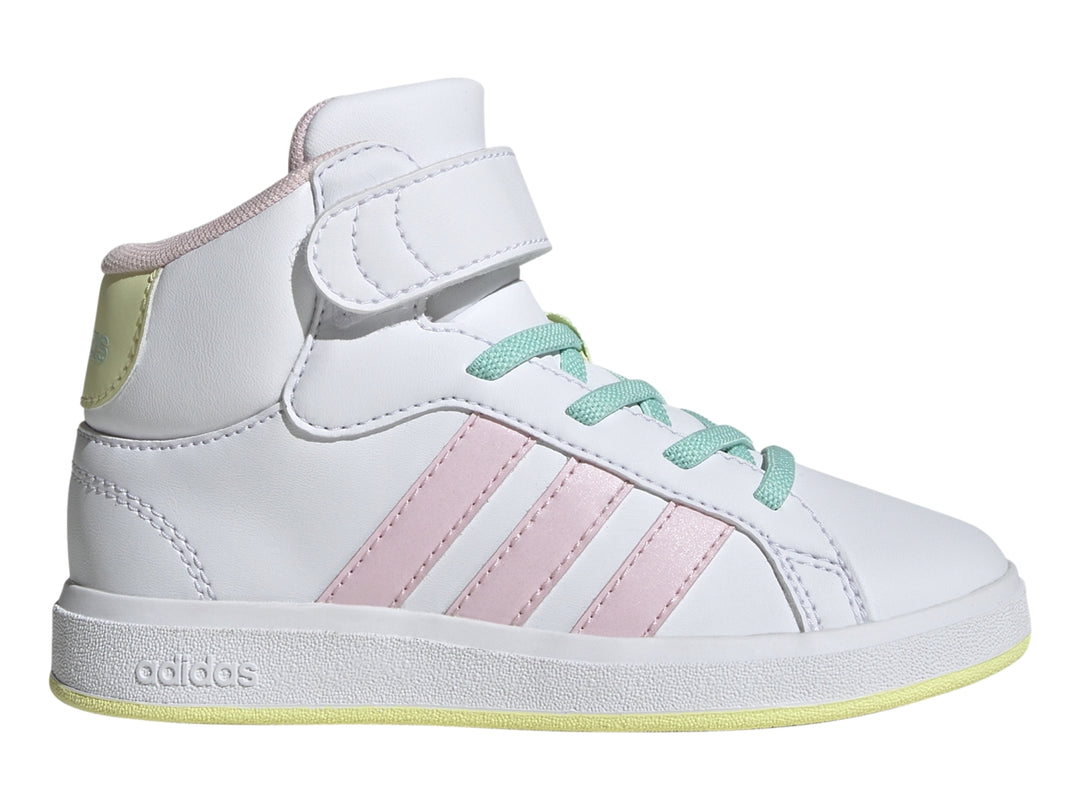 Tenis Adidas Grand Court Mid para niño en color blanco con detalles en rosa y amarillo, diseño de bota con correa.