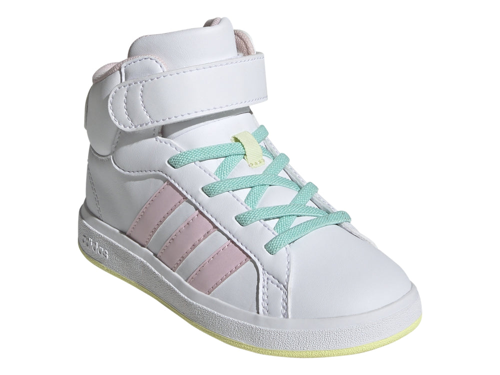 Tenis Adidas Grand Court Mid para niño en color blanco con detalles en rosa y amarillo, diseño de bota con correa.