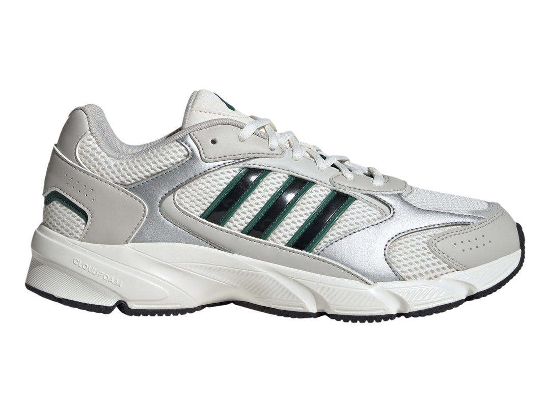 Tenis Adidas Crazychaos 2000 color blanco y plateado con tres franjas verdes y suela blanca.