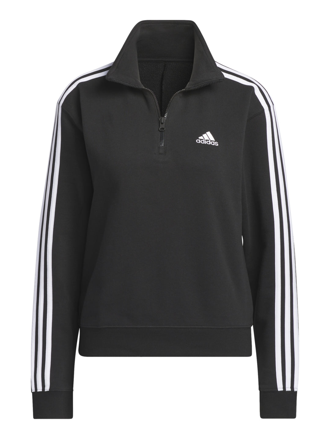 Sudadera deportiva Adidas negra con rayas blancas laterales y cierre parcial en el cuello.