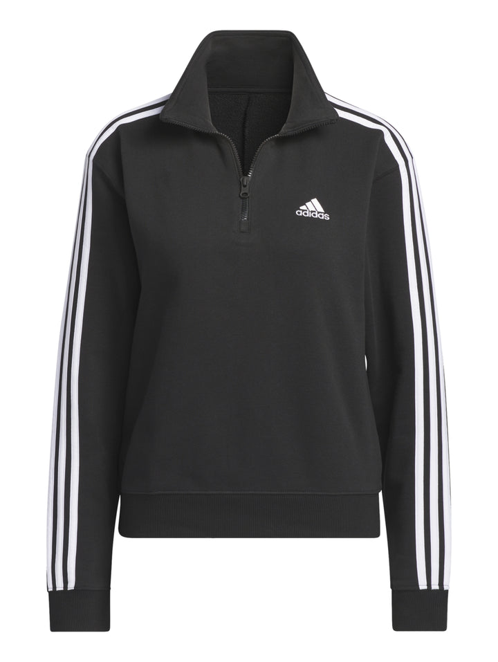 Sudadera deportiva Adidas negra con rayas blancas laterales y cierre parcial en el cuello.