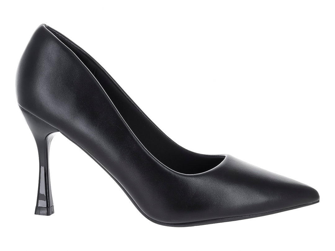 Zapato de tacón alto color negro con punta fina y acabado liso para mujer.
