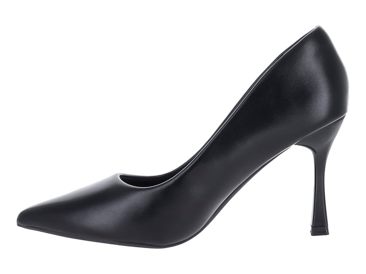Zapato de tacón alto color negro con punta fina y acabado liso para mujer.