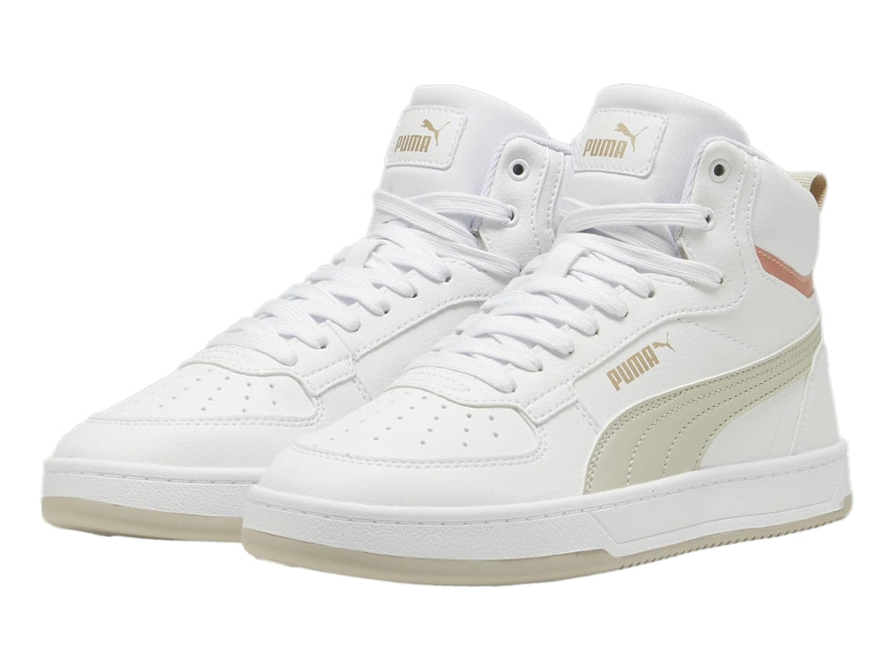 Tenis PUMA Caven 2.0 Mid color blanco con detalles en beige y durazno.