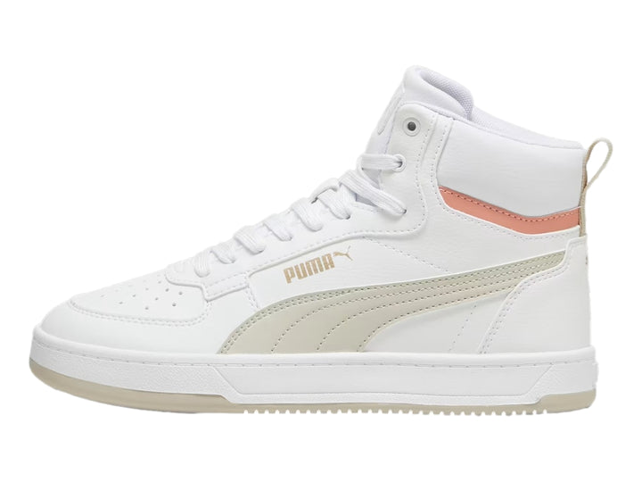 Tenis PUMA Caven 2.0 Mid color blanco con detalles en beige y durazno.