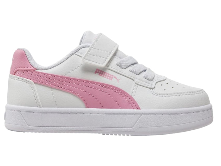 Tenis PUMA blancos con detalles en rosa, cierre de velcro y agujetas para Niño.