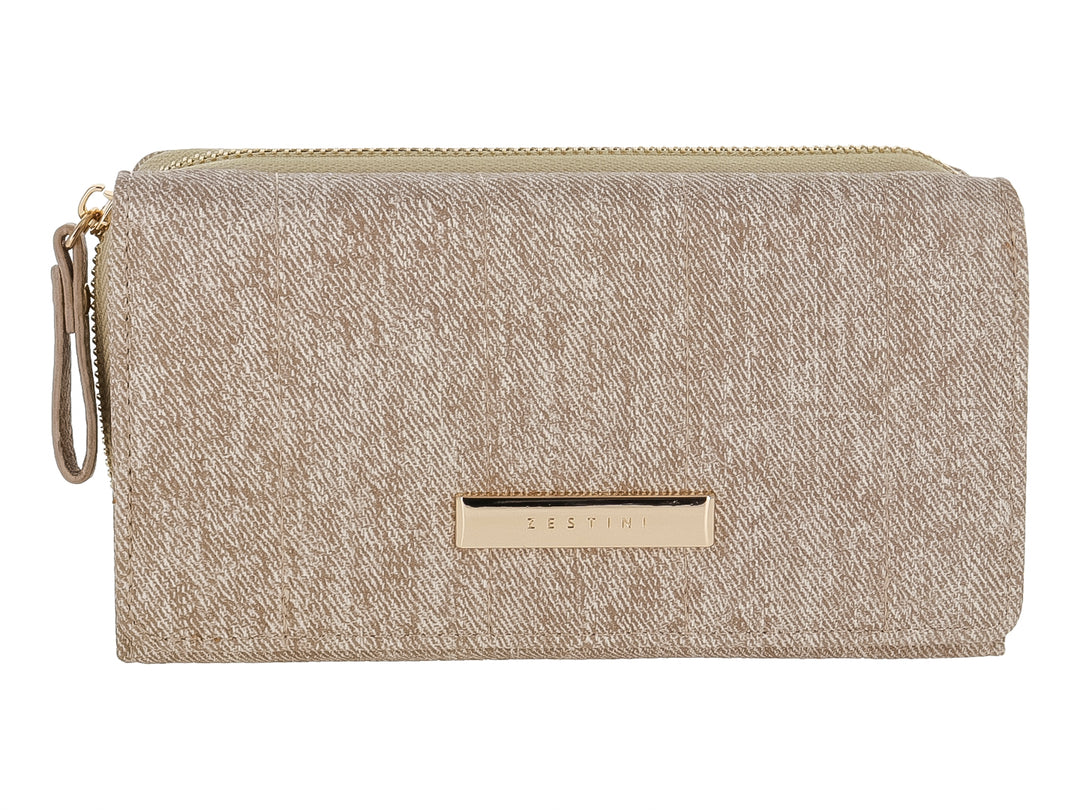 Bolso estilo cartera color camel con textura rugosa y cierre dorado de la marca Felianna.