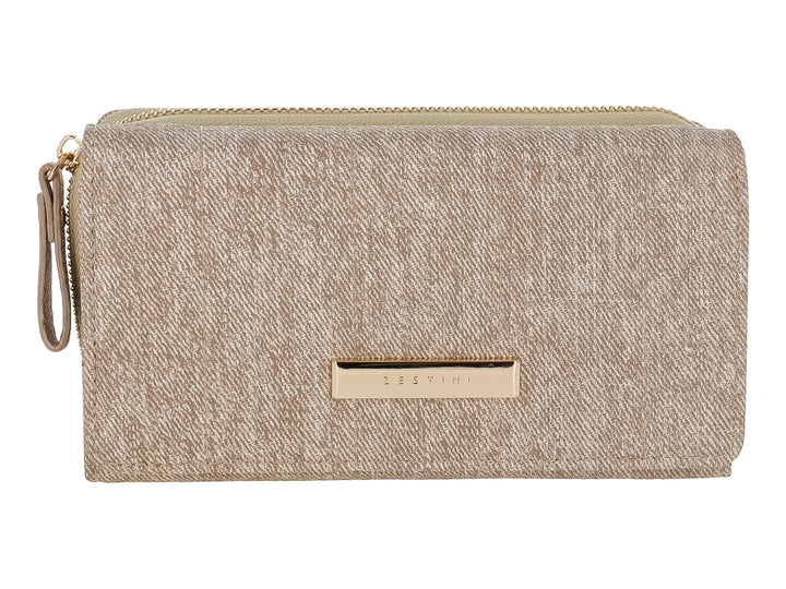 Bolso estilo cartera color camel con textura rugosa y cierre dorado de la marca Felianna.