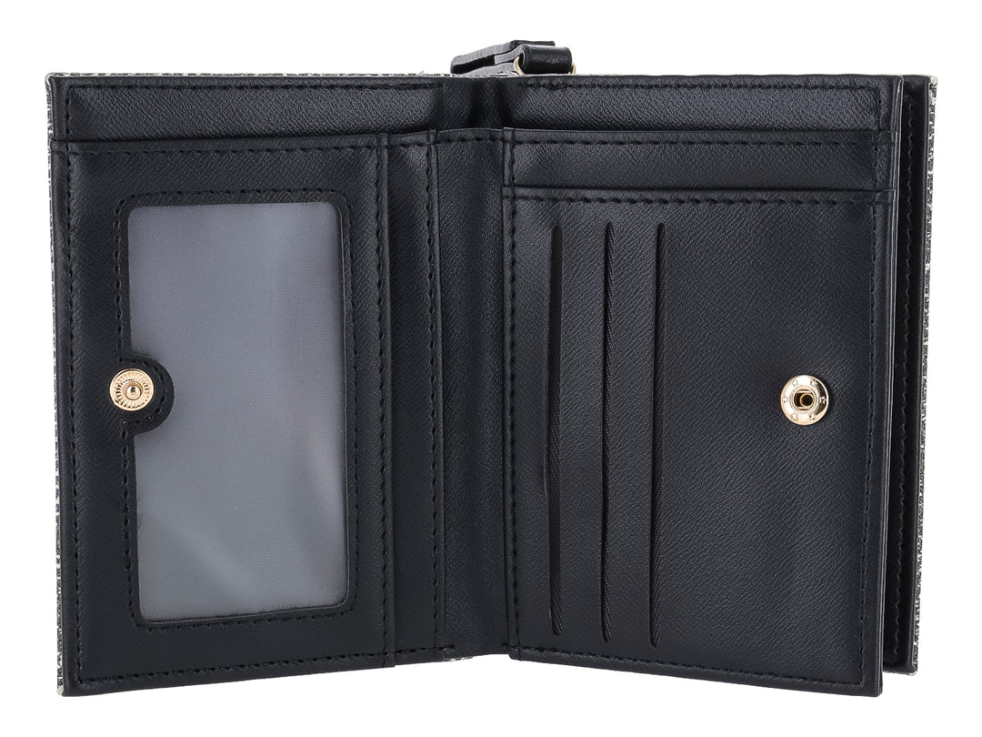 Monedero rectangular de tela con estampado de espiga en colores negro y gris y placa metálica central.