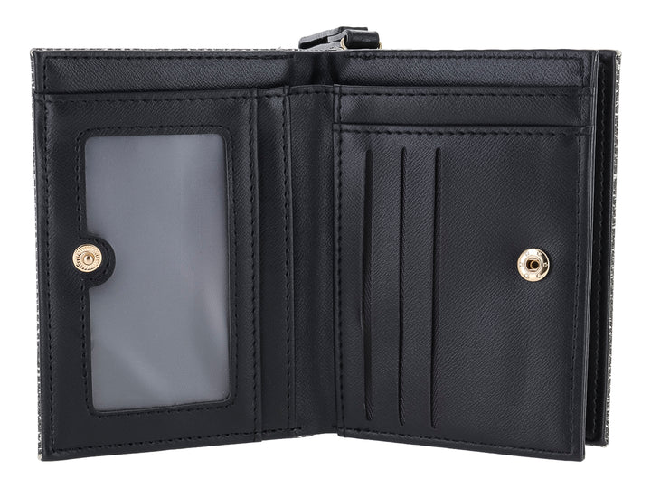 Monedero rectangular de tela con estampado de espiga en colores negro y gris y placa metálica central.