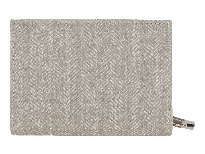 Monedero Felianna color beige con textura de tejido en patrón chevron y detalle metálico dorado.