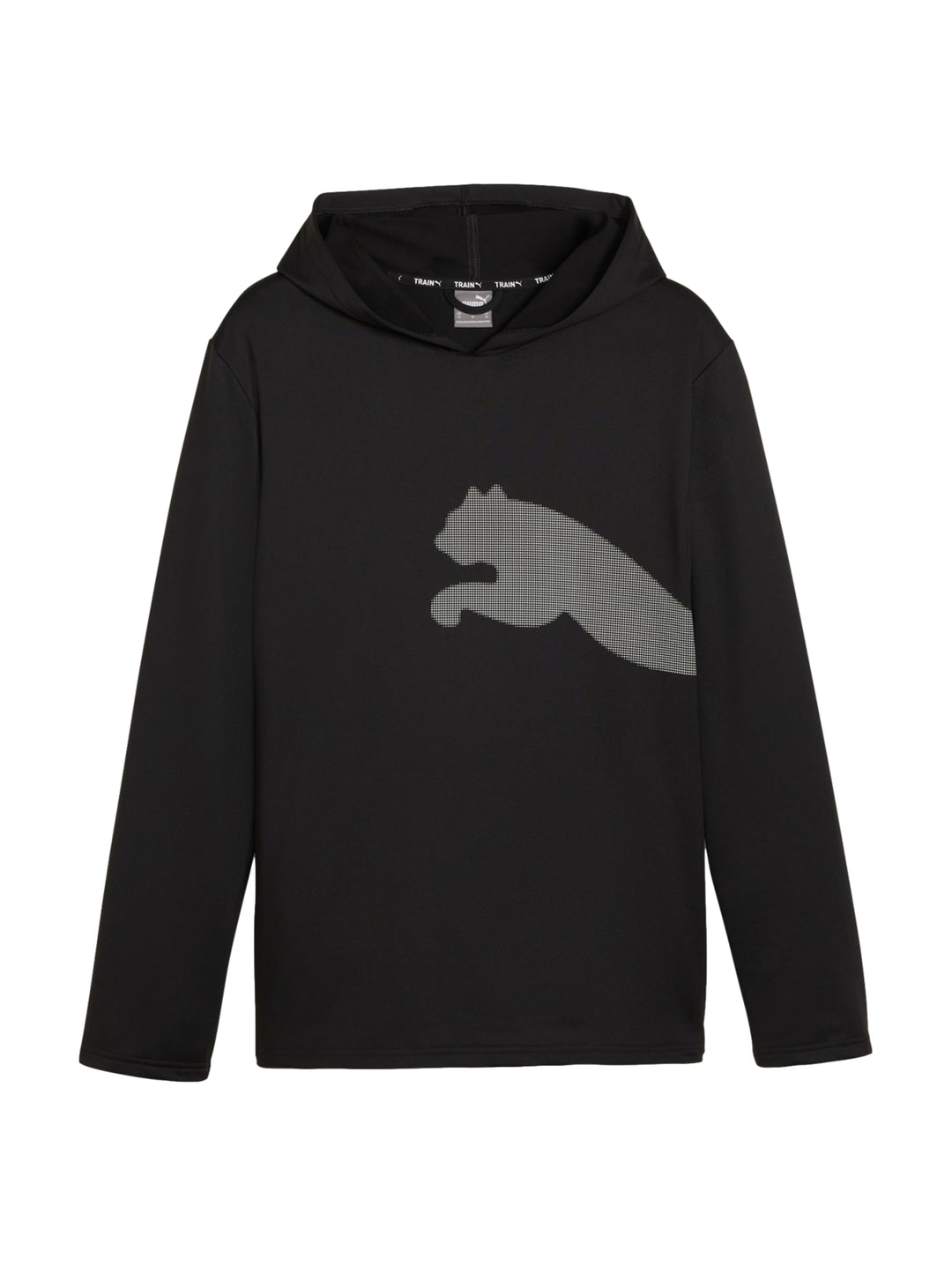 Sudadera deportiva Puma de color negro con capucha y logotipo del gato en el pecho.