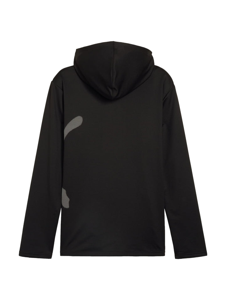 Sudadera deportiva Puma de color negro con capucha y logotipo del gato en el pecho.