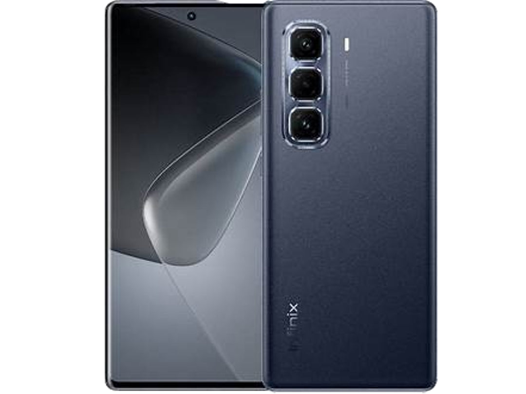 Teléfono inteligente Infinix Hot 50 en color negro, vista frontal y posterior con triple cámara trasera.