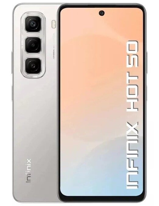 Teléfono inteligente Infinix Hot 50 en color gris, vista frontal y trasera con triple cámara posterior.