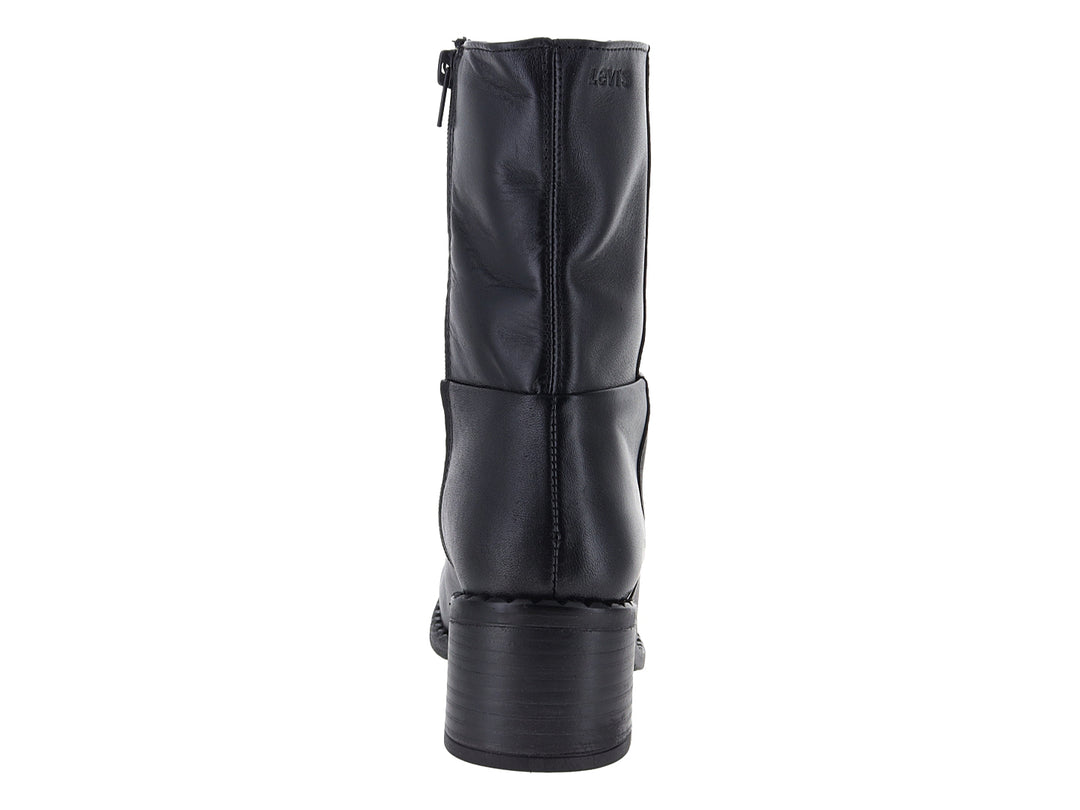 Bota negra de material sintético con tacón cuadrado y diseño liso.