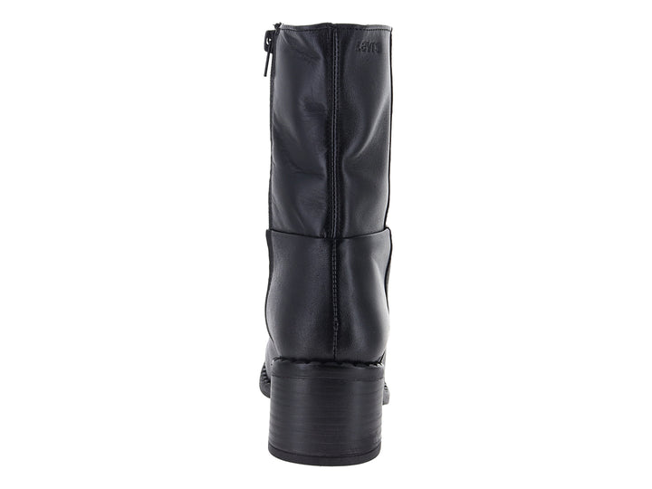 Bota negra de material sintético con tacón cuadrado y diseño liso.
