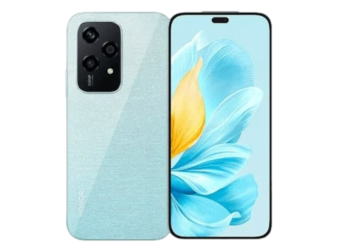Smartphone HONOR de color azul claro, vista frontal y trasera con módulo de cámara negro.