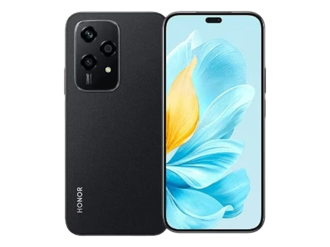 Smartphone HONOR de color negro, vista frontal y posterior con pantalla encendida y módulo de cámaras.