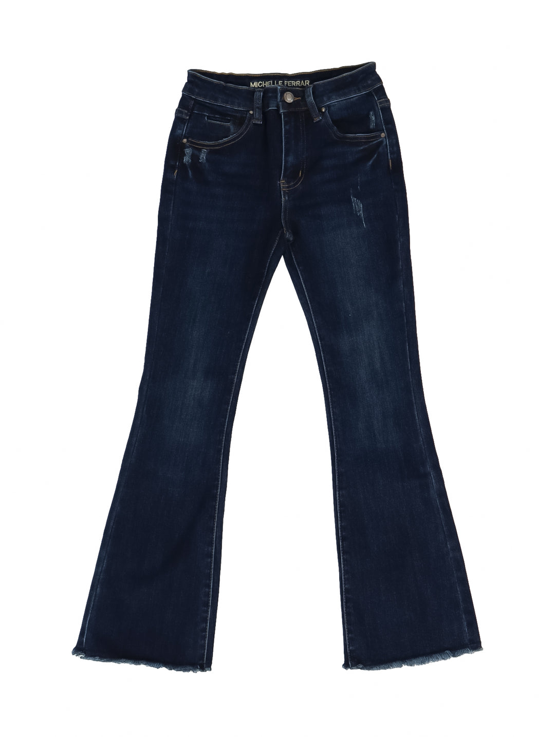 Jeans campana color azul oscuro con efecto de lavado y desgastado.