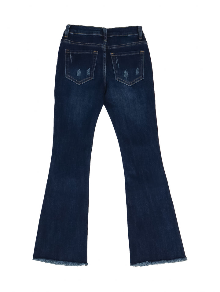 Jeans campana color azul oscuro con efecto de lavado y desgastado.