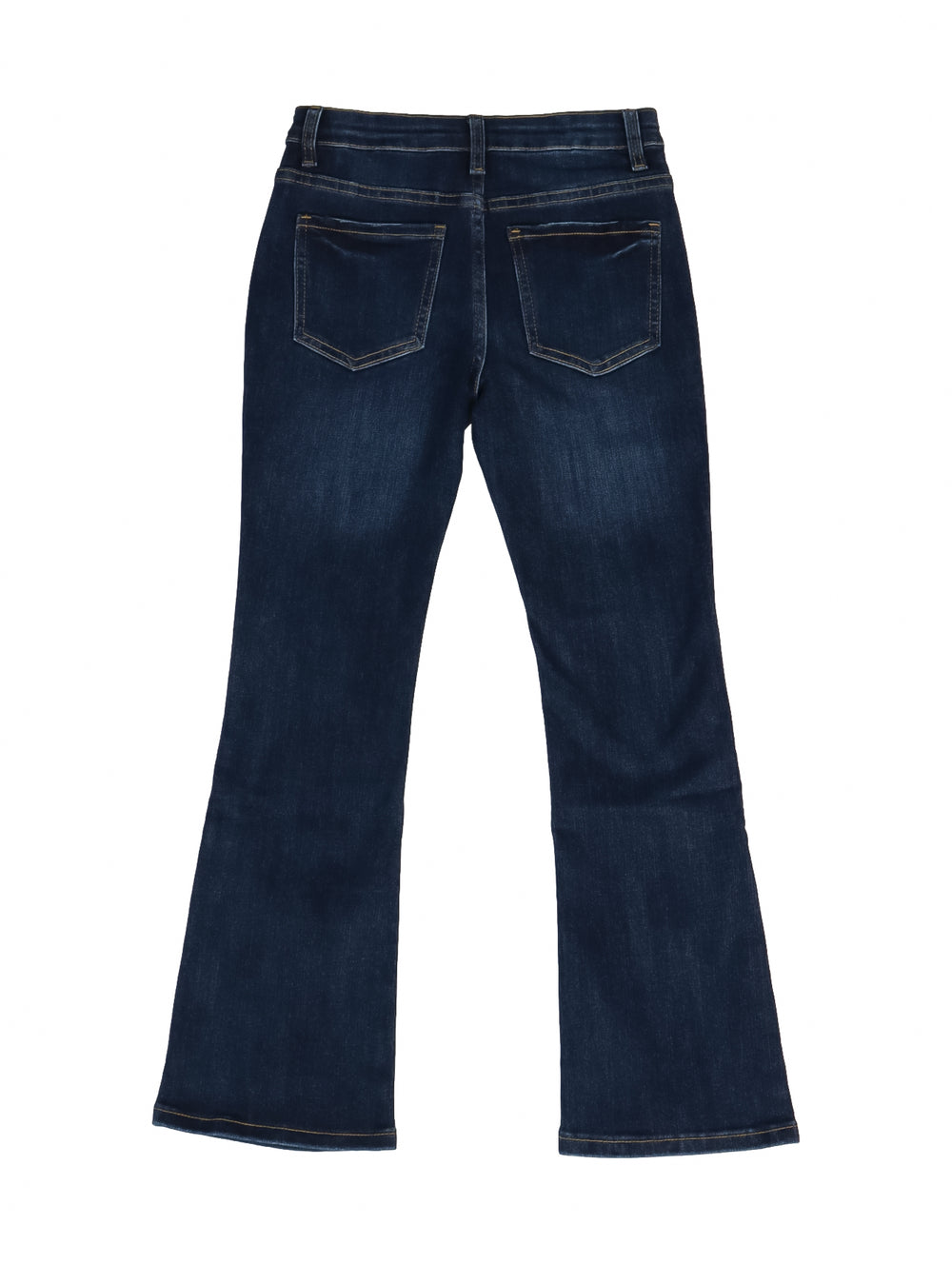 Jeans azul oscuro para niña con corte acampanado y efecto de lavado doble stone.