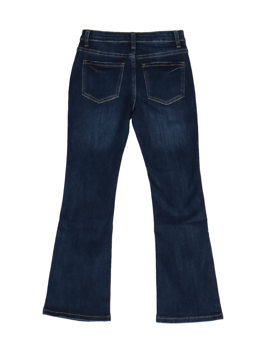 Jeans azul oscuro para niña con corte acampanado y efecto de lavado doble stone.