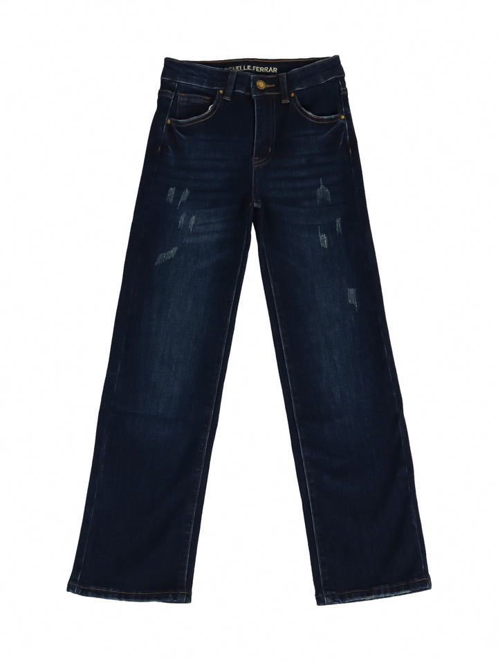Pantalones de mezclilla azul oscuro estilo wide leg con detalles de desgaste para niña.