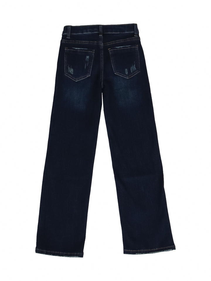 Pantalones de mezclilla azul oscuro estilo wide leg con detalles de desgaste para niña.