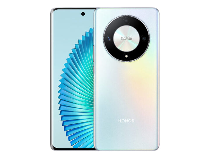 Teléfono inteligente HONOR de color plata con módulo de cámara circular en la parte posterior y pantalla frontal.