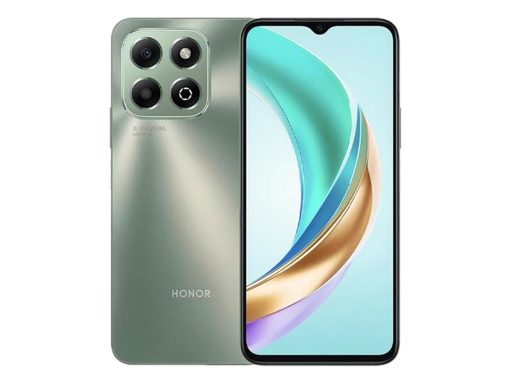 Smartphone HONOR X6b Plus color verde, mostrando la parte frontal con pantalla y la parte trasera con cámaras.