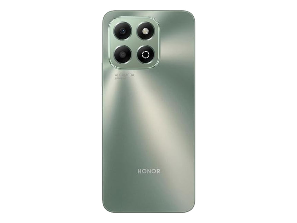 Smartphone HONOR X6b Plus color verde, mostrando la parte frontal con pantalla y la parte trasera con cámaras.