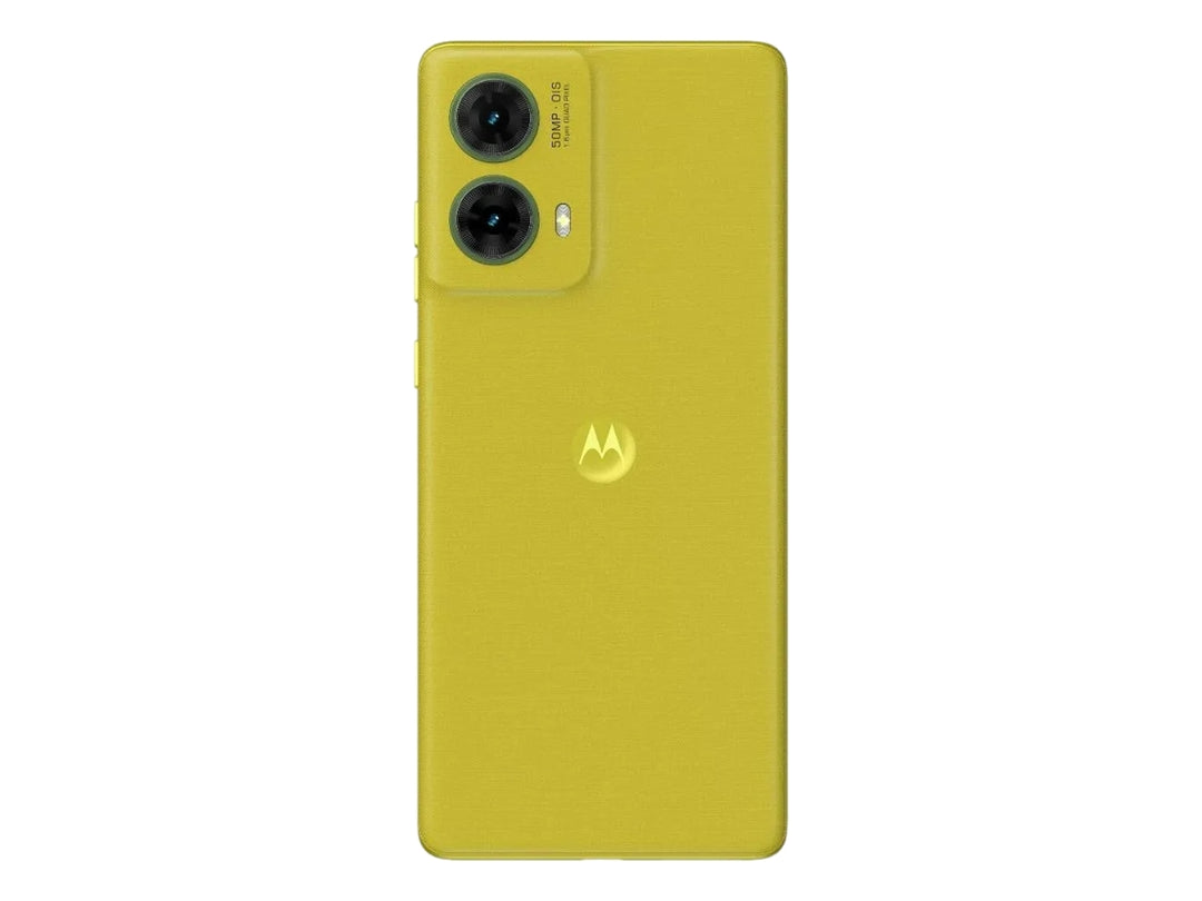 Vista trasera de un teléfono Motorola Libre G85 en color verde con módulo de cámara doble.
