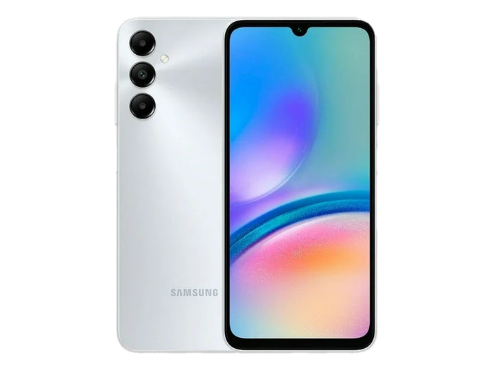 Smartphone Samsung Galaxy A05s en color plata, vista frontal y posterior.