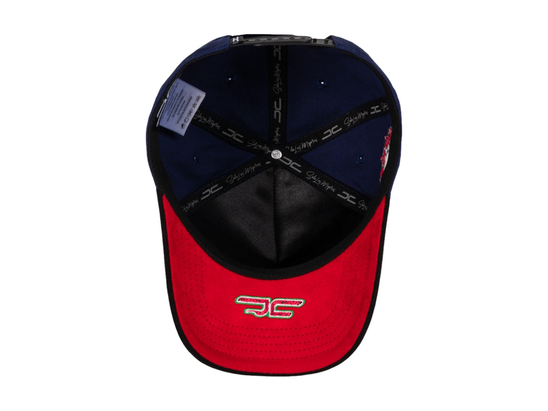 Gorra snapback azul con visera negra y parches decorativos de gato sandía y diseño floral.