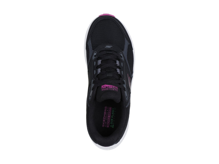 Tenis deportivos Skechers Go Run Consistent 2.0 en color negro con suela blanca y detalles en fucsia.