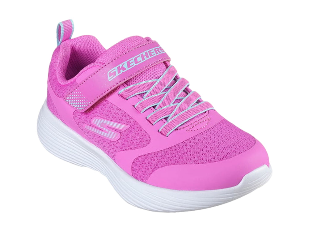 Tenis deportivos Skechers color rosa con suela blanca y detalles en aqua.