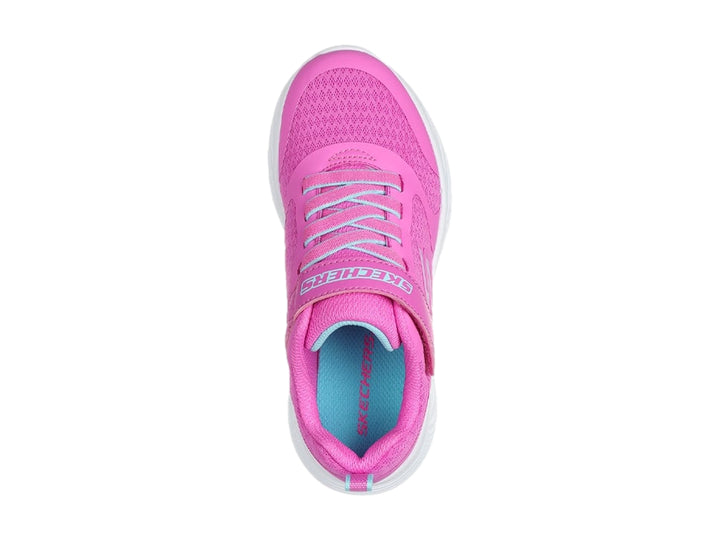Tenis deportivos Skechers color rosa con suela blanca y detalles en aqua.