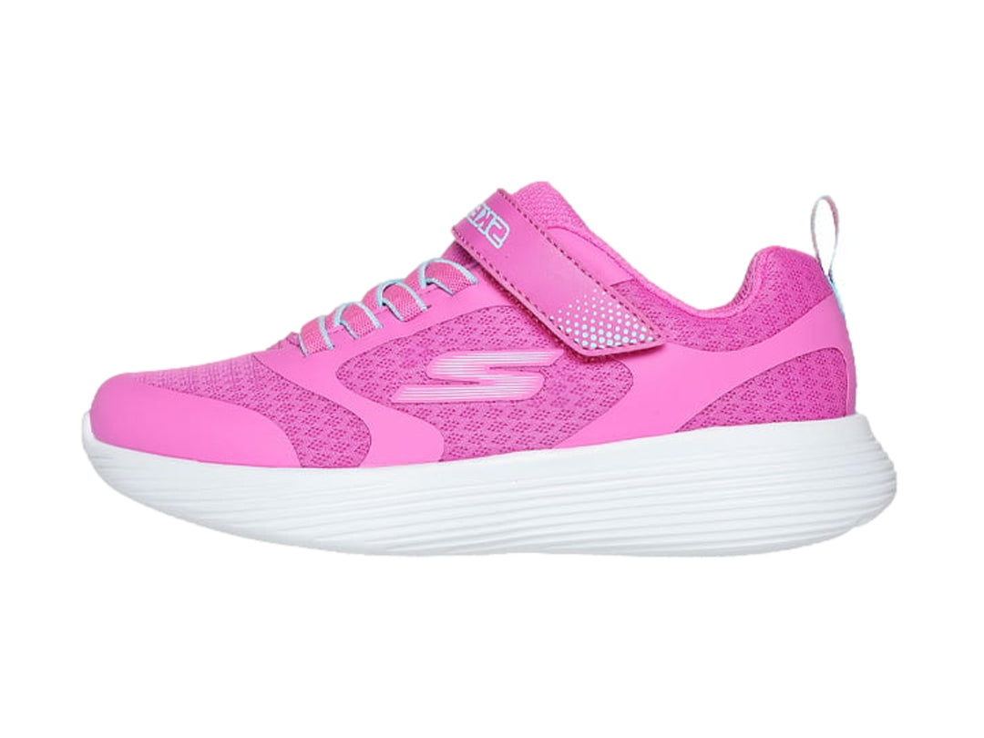 Tenis deportivos Skechers color rosa con suela blanca y detalles en aqua.