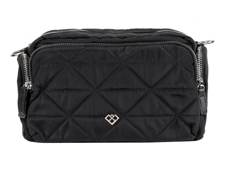 Bolso de hombro color negro con diseño acolchado y cierres metálicos laterales.